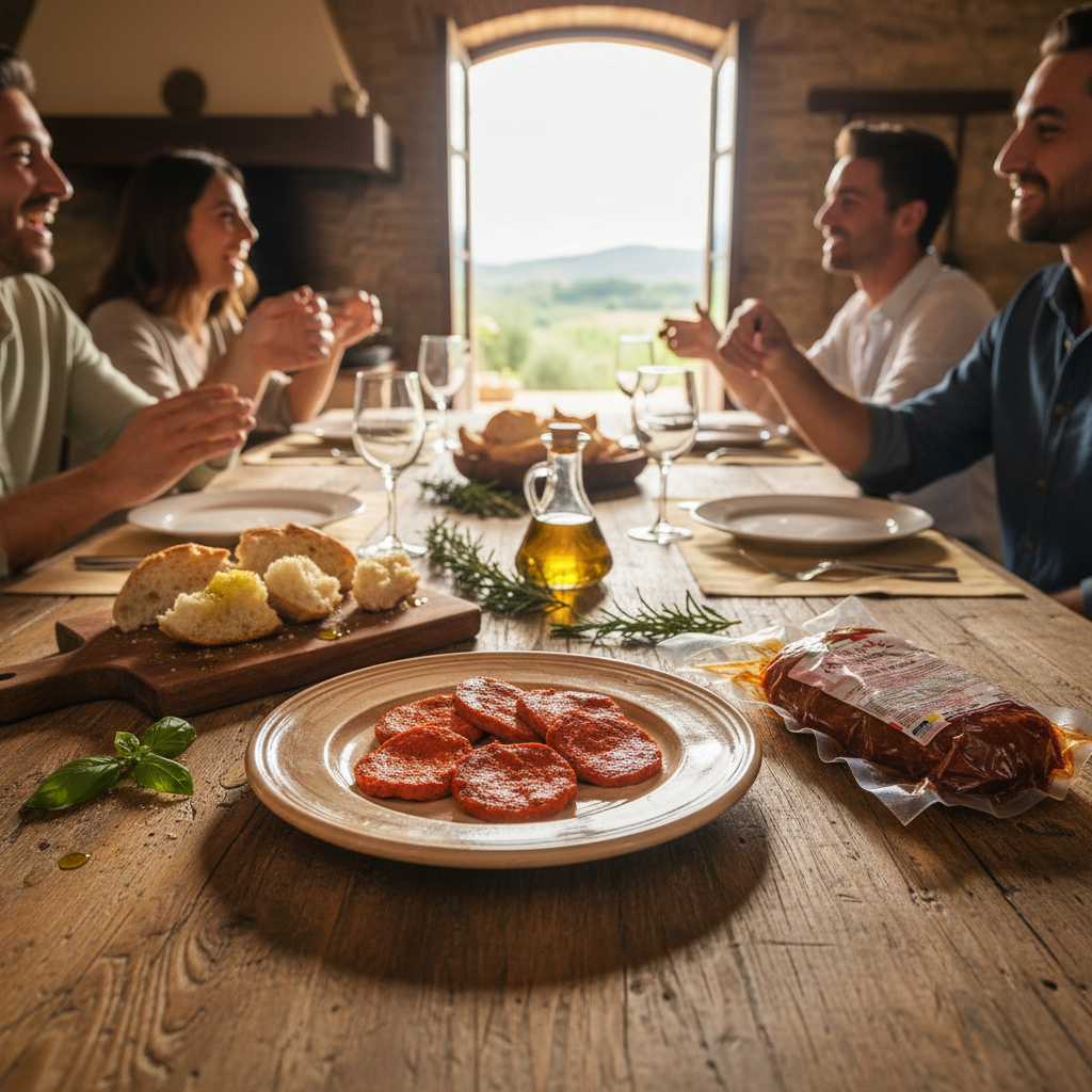 Nduja Bellantone aus Kalabrien vakuumverpackt mit Geschenkband neben Korb – originale scharfe Nduja Spezialität Bella Italia Store