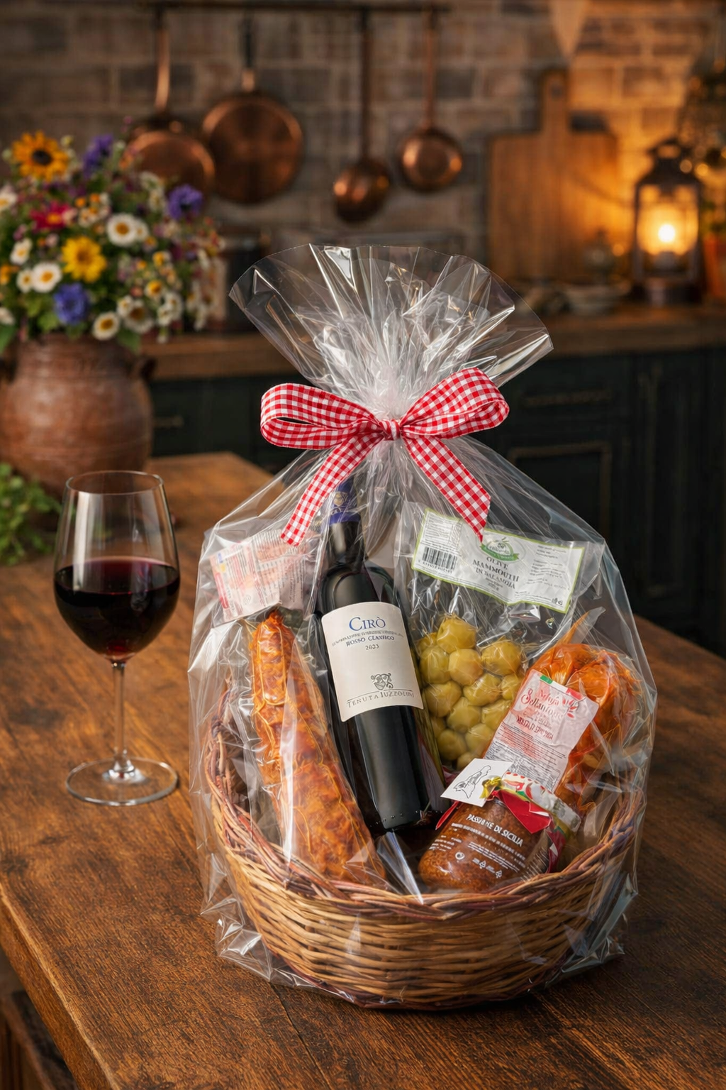 Italienischer Geschenkkorb mit Rotwein und Feinkost