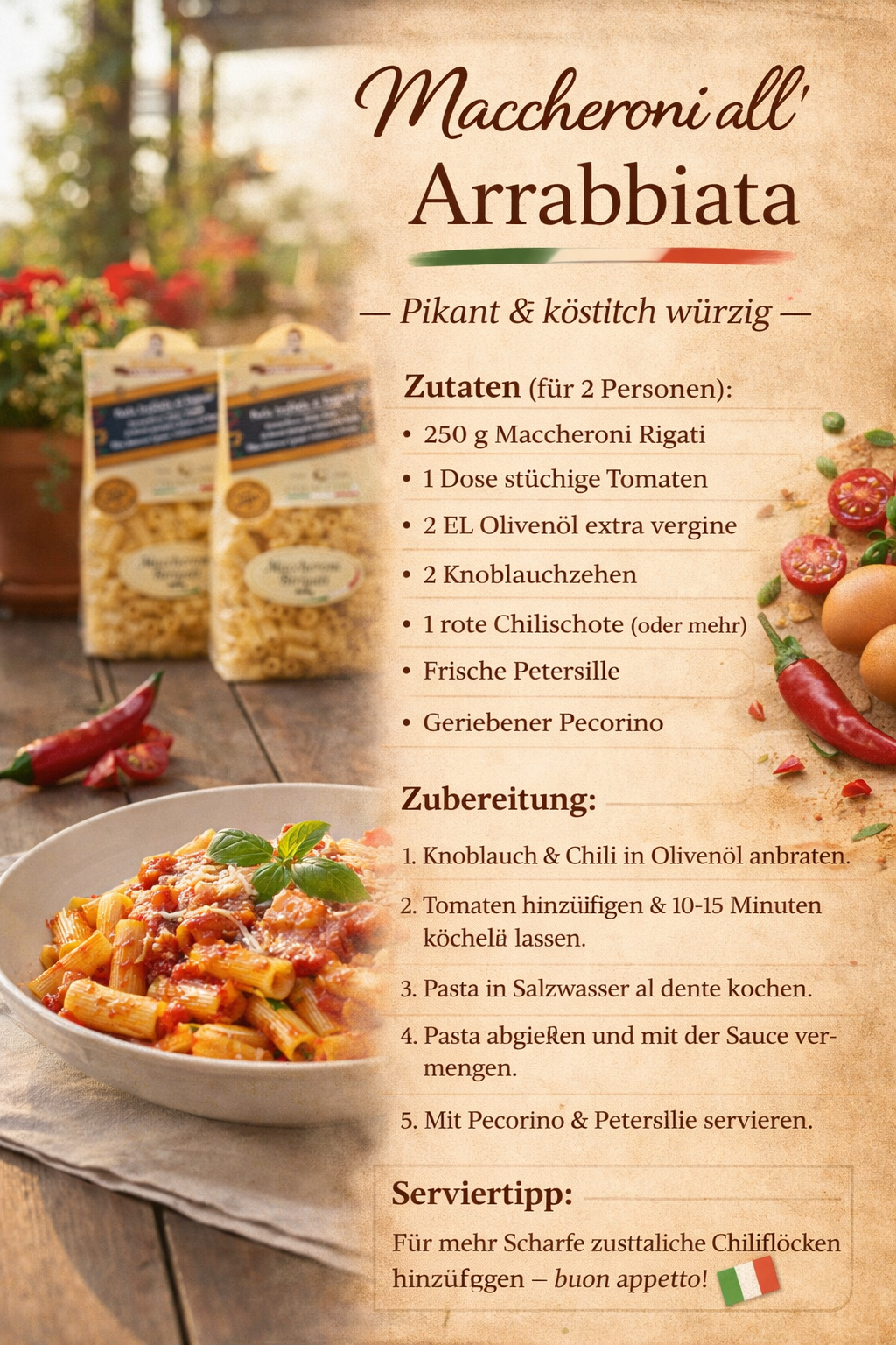 Maccheroni all’Arrabbiata mit Tomatensauce und Pecorino auf Teller, italienische Rigati Pasta Gericht mit Colacchio Maccheroni Verpackung im Hintergrund.