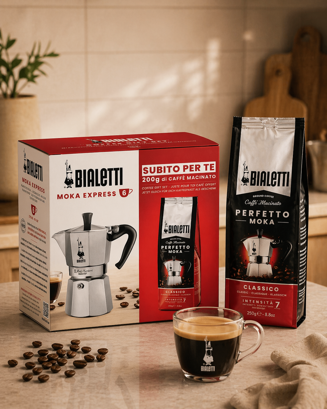 Bialetti Moka Classico 3 Tassen – Italienische Kaffeemaschine mit 250g Kaffee