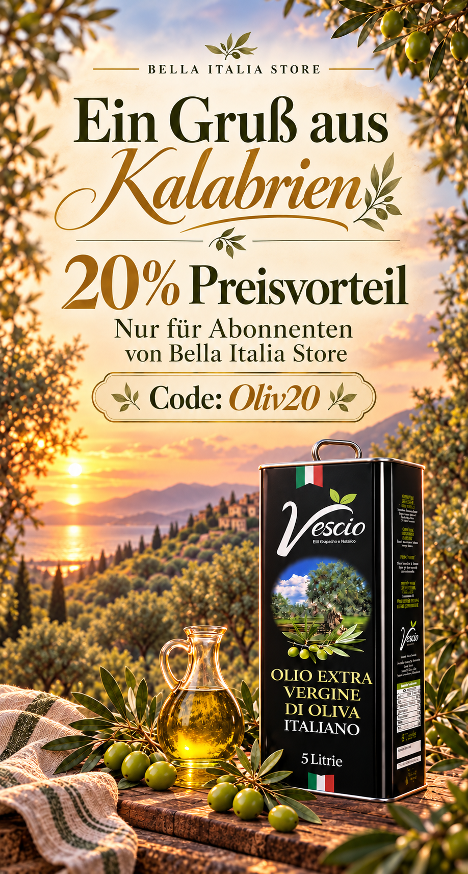Vescio Olivenöl extra vergine im 5-Liter-Kanister – 20 % Rabatt für Abonnenten von Bella Italia Store mit dem Code Oliv20.
