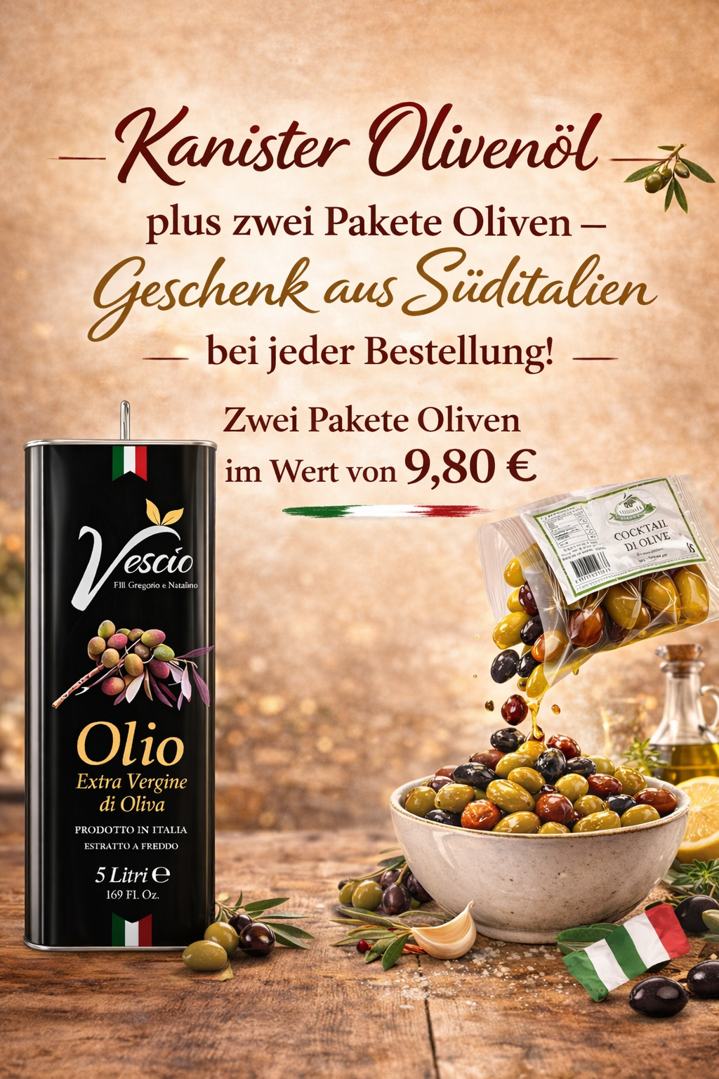 kaltgepresstes Olivenöl 5L im 5 Liter Metallkanister mit mediterraner Olivenpräsentation
