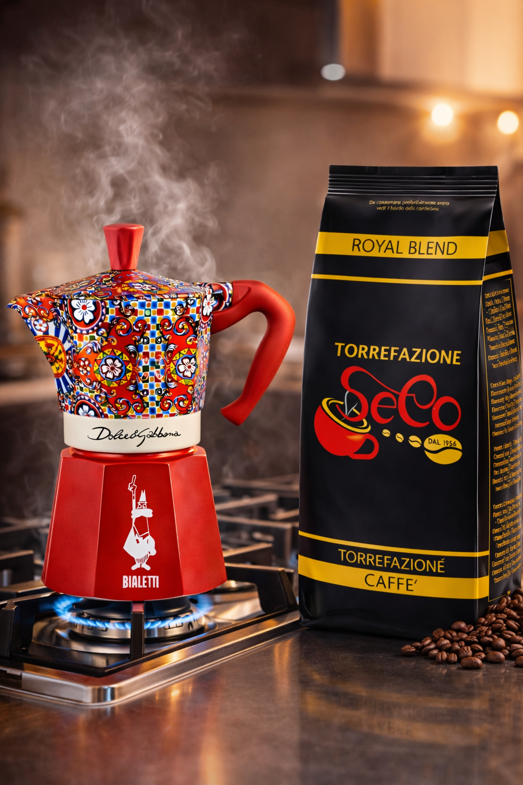 Italienischer Espresso auf dem Herd – Mokkakanne mit Premium Kaffee Bohnen
