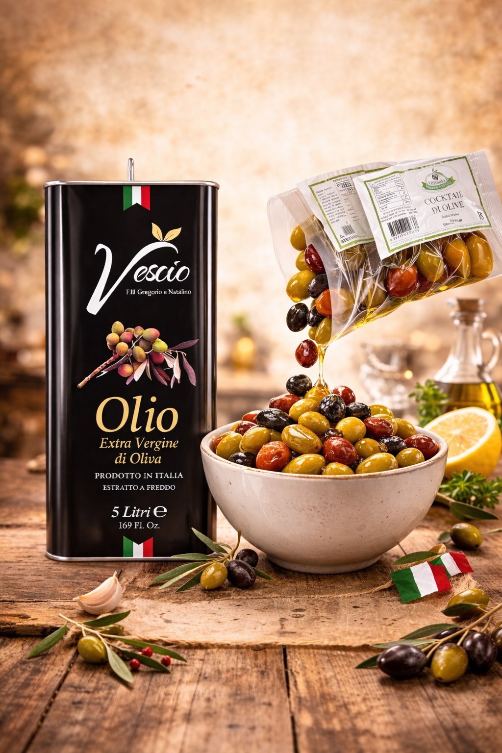 kaltgepresstes Olivenöl 5L Extra Vergine aus Italien mit Oliven im rustikalen Ambiente