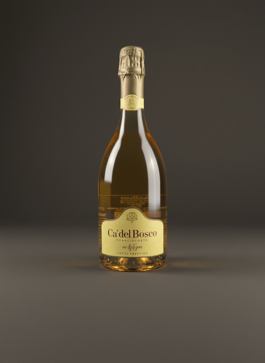 Ca’ del Bosco Franciacorta Cuvée Prestige italienischer Premium-Schaumwein Flasche freigestellt auf dunklem Studiohintergrund, eleganter Luxus-Prosecco aus Italien
