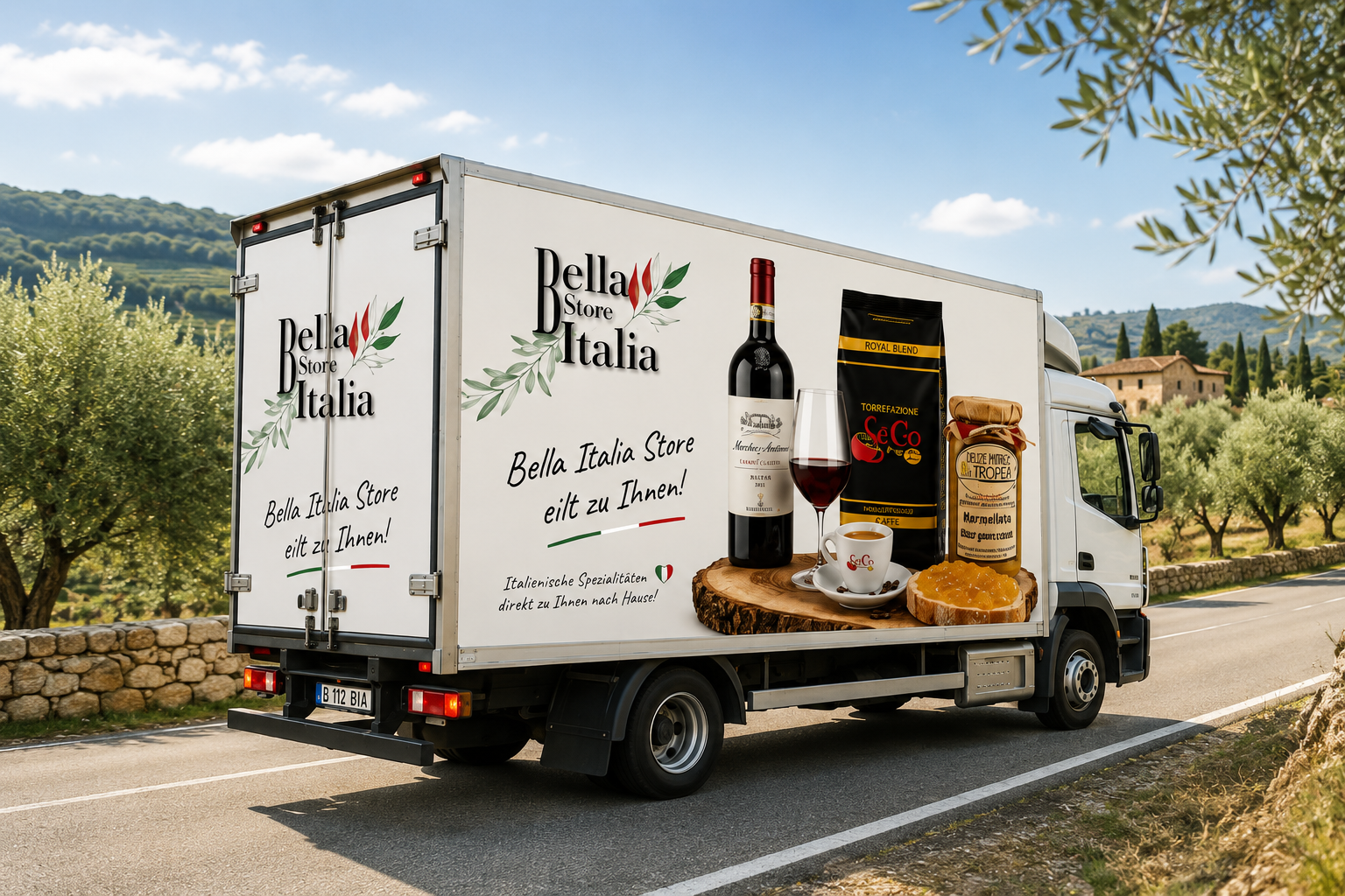 Bella Italia Store Lieferwagen mit italienischen Spezialitäten, schneller Versand nach Österreich und Deutschland, italienische Feinkost mit Wein, Kaffee und Tropea Delikatessen