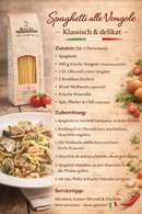 Rezeptbild Spaghetti alle Vongole – italienische Pasta mit Venusmuscheln, Zutatenliste und Zubereitung, italienisches Pasta-Produkt Colacchio für Bella Italia Store.