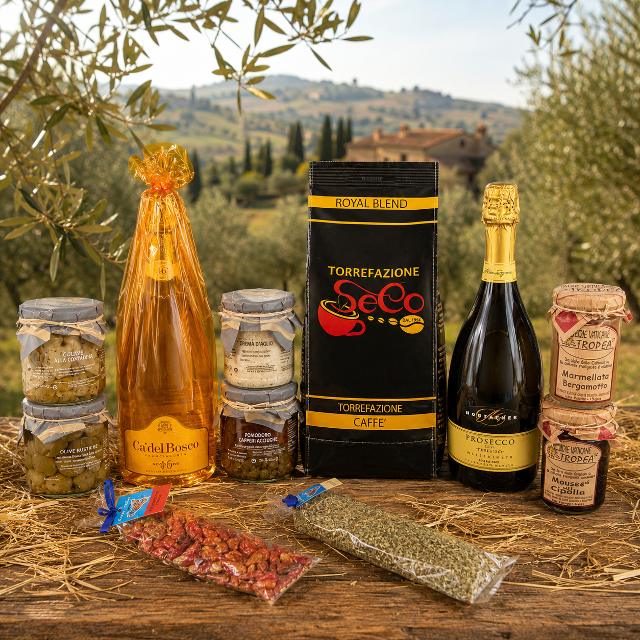 Handgefertigter italienischer Geschenkkorb mit Feinkost, Prosecco, Oregano, Peperoncino und Spezialitäten aus Italien
