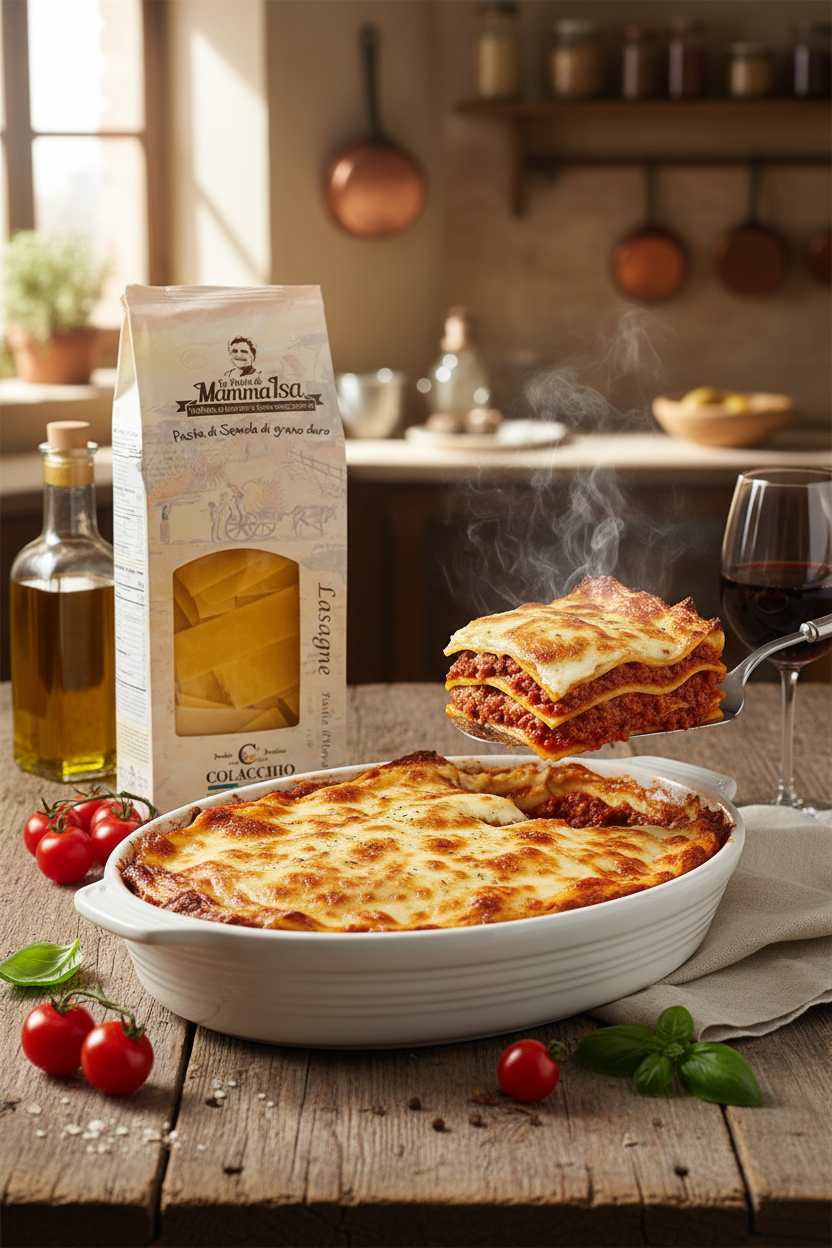 Frisch gebackene italienische Lasagna al Forno mit Colacchio Lasagneplatten, klassische Ofenlasagne mit Hackfleisch, Tomatensauce und geschmolzenem Käse auf rustikalem Küchentisch