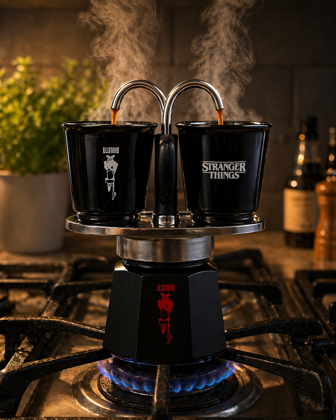 Bialetti 2 Tassen Kaffeemaschine Schwarz – Italienische Moka mit Doppel-Ausguss für 2 Espressi gleichzeitig