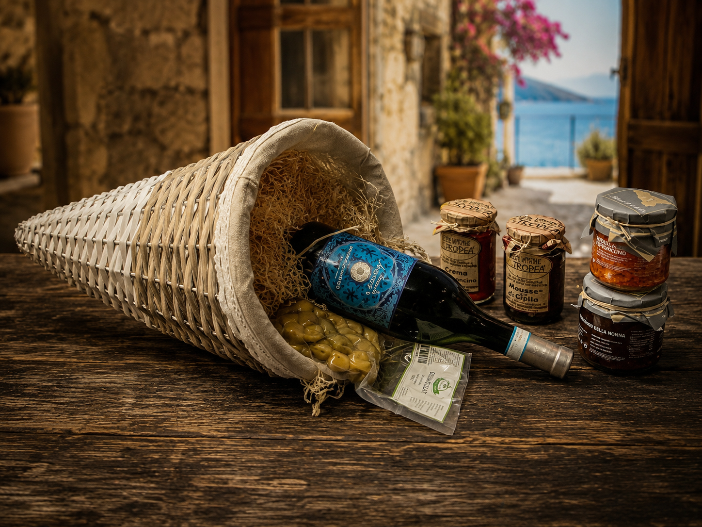     Rustikaler Geschenkkorb aus Italien mit Pinot Grigio und Delikatessen