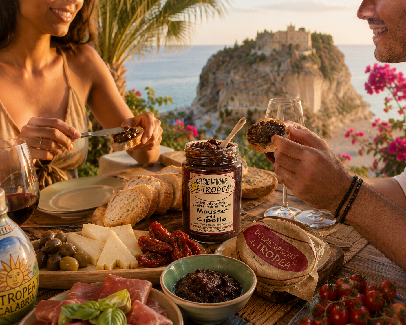     Italienische Genussmomente mit Mousse di Cipolla di Tropea, Käse, Antipasti und Rotwein an der kalabrischen Küste