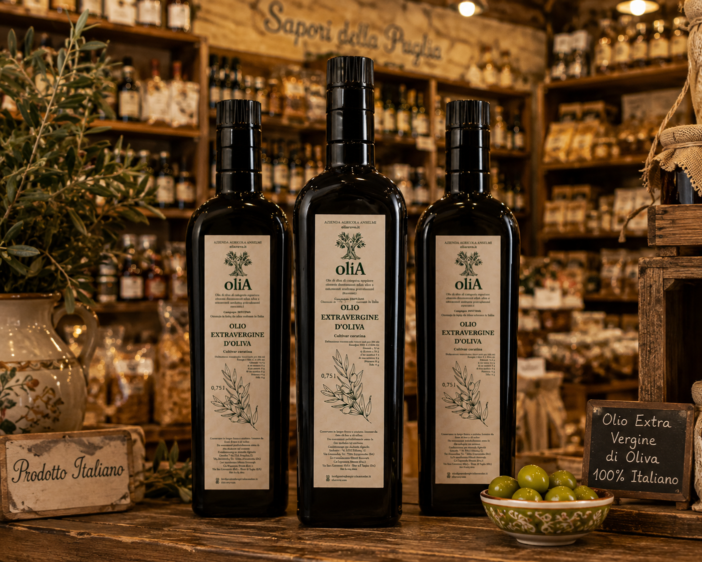 Drei Flaschen Olia Olivenöl Extra Vergine in einer italienischen Feinkostboutique mit mediterraner Atmosphäre