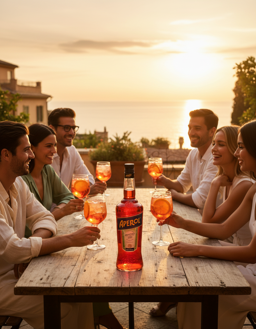 Aperol Flasche in geselliger Runde bei Sonnenuntergang mit Aperol Spritz – italienischer Aperitif Lifestyle Szene