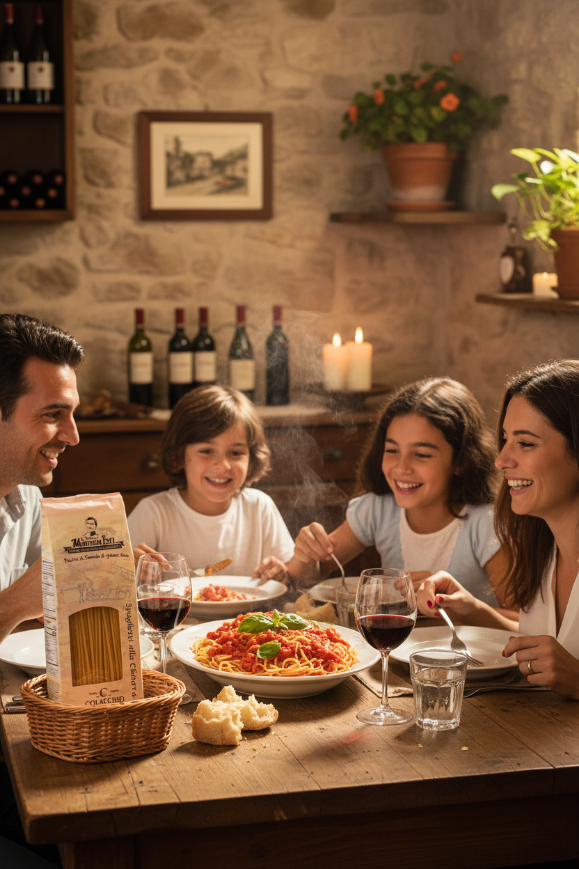 Glückliche Familie beim Abendessen mit italienischer Pasta, Rotwein und rustikaler Küche, traditionelle italienische Spaghetti mit frischer Tomatensauce und Basilikum.