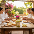 Italienische Cedri Marmelade von Delizie Vaticane Tropea auf Brot serviert, Frühstück im italienischen Garten mit Freunden und mediterraner Atmosphäre