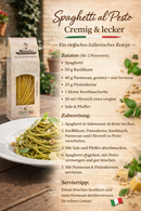 Spaghetti al Pesto Rezeptkarte mit Zutatenliste, italienische Pasta mit Basilikum-Pesto und Colacchio Spaghetti Verpackung im Hintergrund
