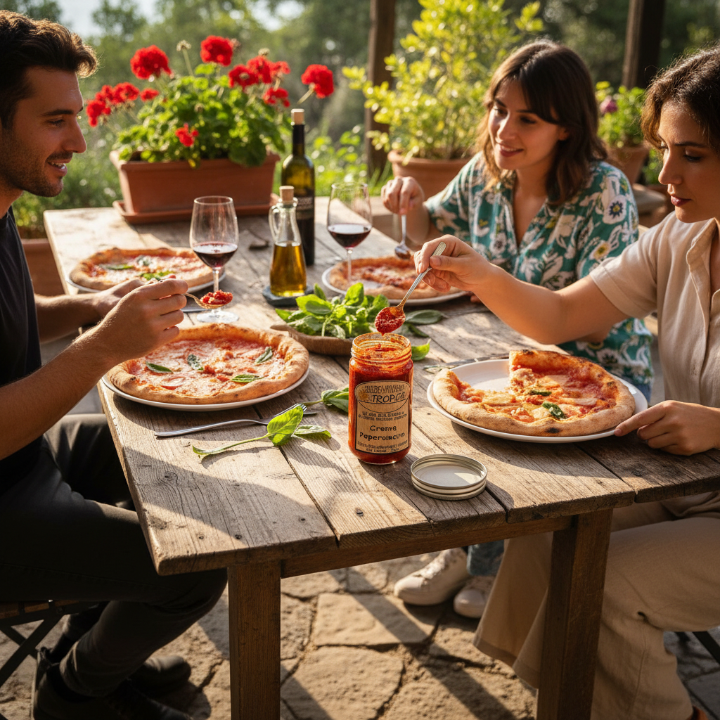 Italienische Peperoncino Creme im Glas auf Tisch mit Pizza und Wein, mediterrane Szene beim Essen im Freien