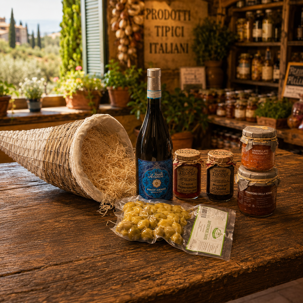     Italienischer Feinkostkorb mit Wein, Antipasti und Oliven