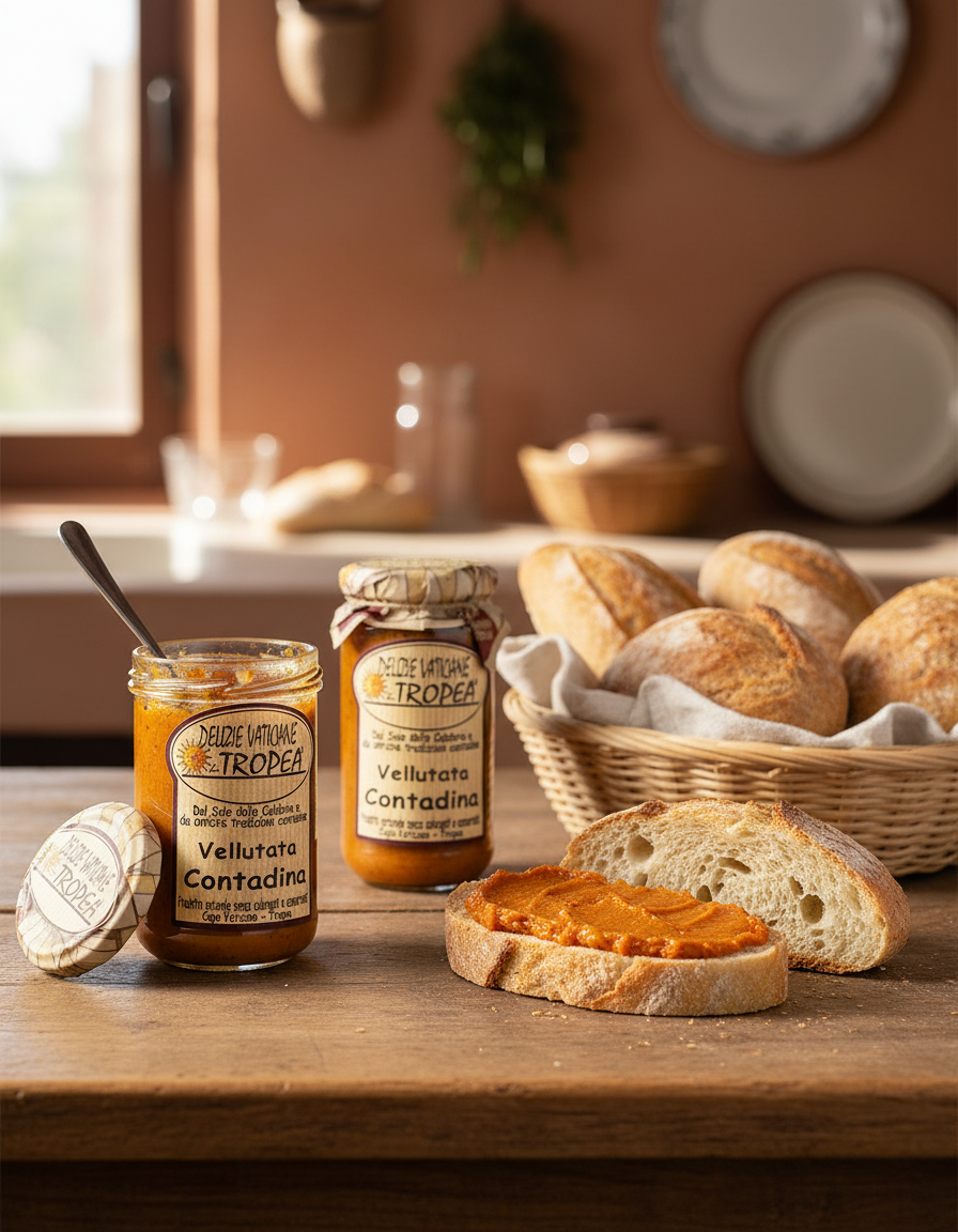 Vellutata Contadina Gemüsecreme aus Kalabrien im Glas mit frischem Brot auf Küchentisch – italienische Feinkost von Delizie Vaticane di Tropea
