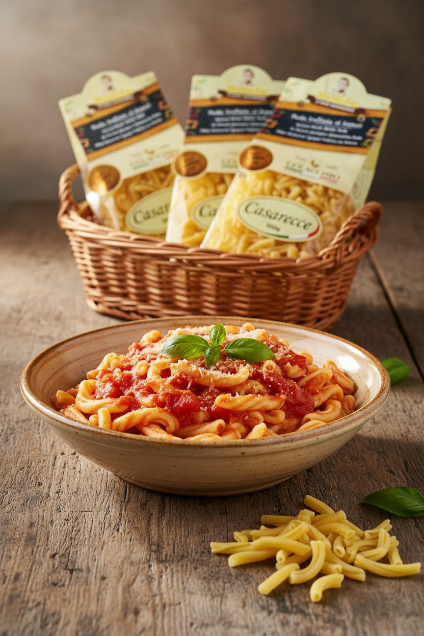 Italienische Casarecce Pasta mit Tomatensauce und Basilikum im Teller, dahinter originale Casarecce Nudeln in Verpackung, italienische Spezialität