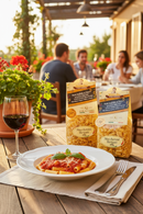 Maccheroni Birigati paste italiene servite pe terasă cu sos de roșii, vin roșu și pachete de paste Colacchio