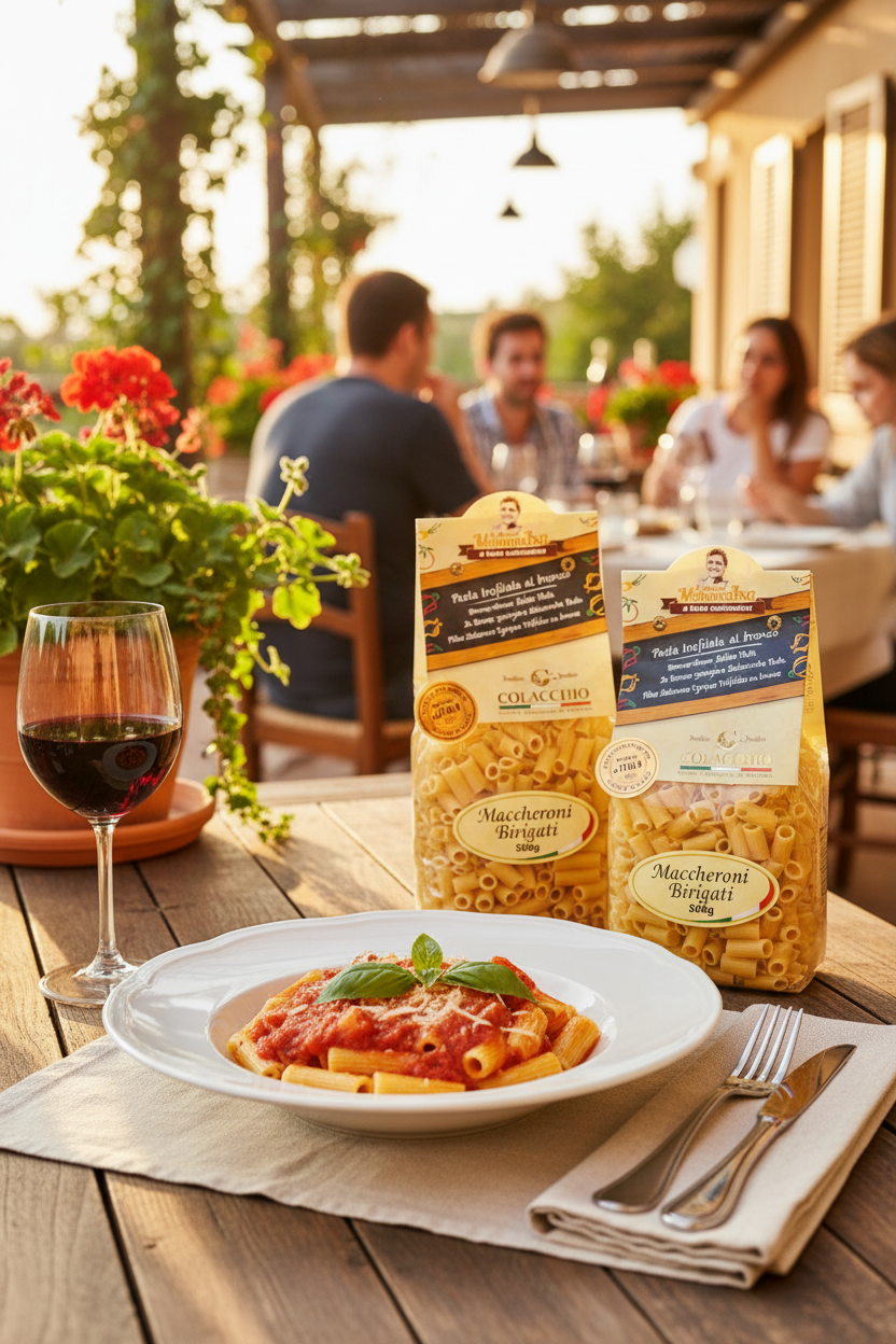 Maccheroni Birigati paste italiene servite pe terasă cu sos de roșii, vin roșu și pachete de paste Colacchio