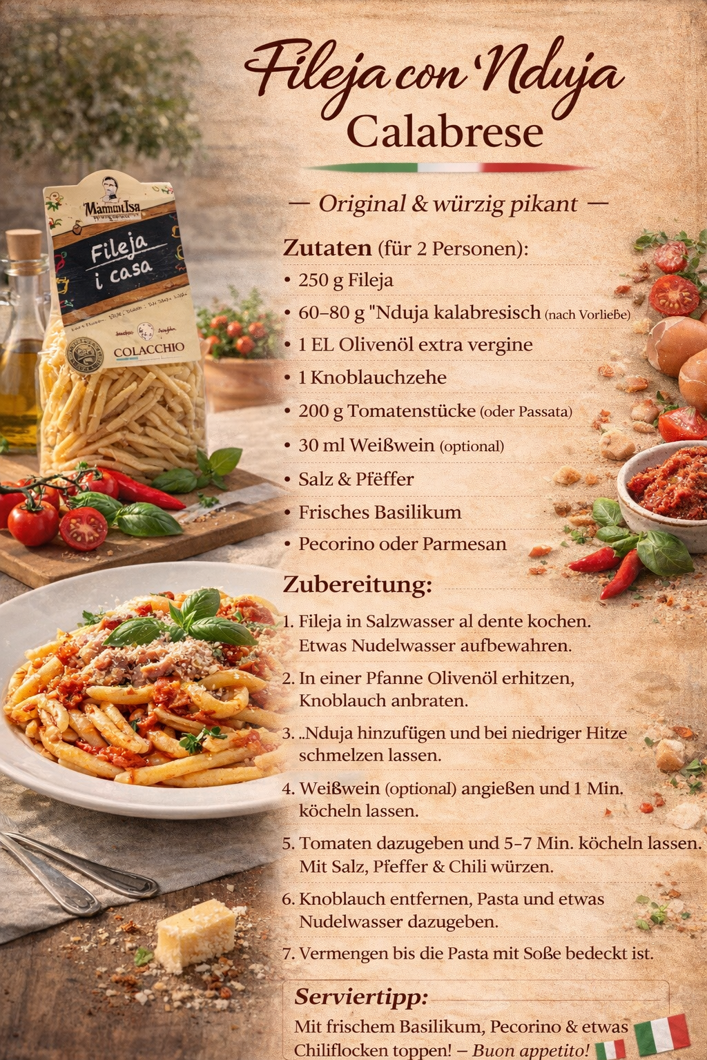 Fileja con ’Nduja Calabrese mit italienischer Pasta, würziger ’Nduja-Sauce, frischem Basilikum und Colacchio Fileja Pasta – authentisches italienisches Rezept.
