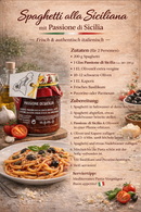 Spaghetti alla Siciliana mit Passione di Sicilia Sauce, italienische Pasta mit Oliven, Kapern und Basilikum, mediterranes Rezept Bella Italia Stor