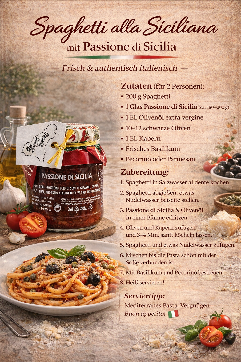 Spaghetti alla Siciliana mit Passione di Sicilia Sauce, italienische Pasta mit Oliven, Kapern und Basilikum, mediterranes Rezept Bella Italia Stor