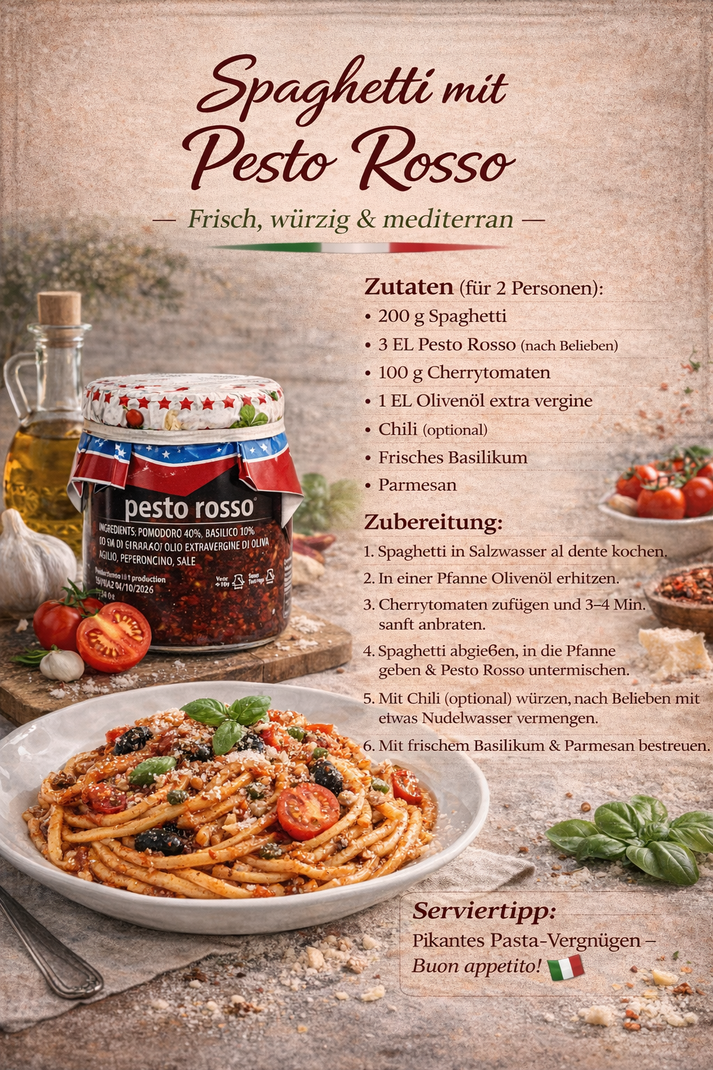 Italienische Spaghetti mit Pesto Rosso, Basilikum, Oliven und Kirschtomaten – mediterranes Pasta Gericht mit Pesto Rosso im Glas, italienische Spezialität für Bella Italia Store
