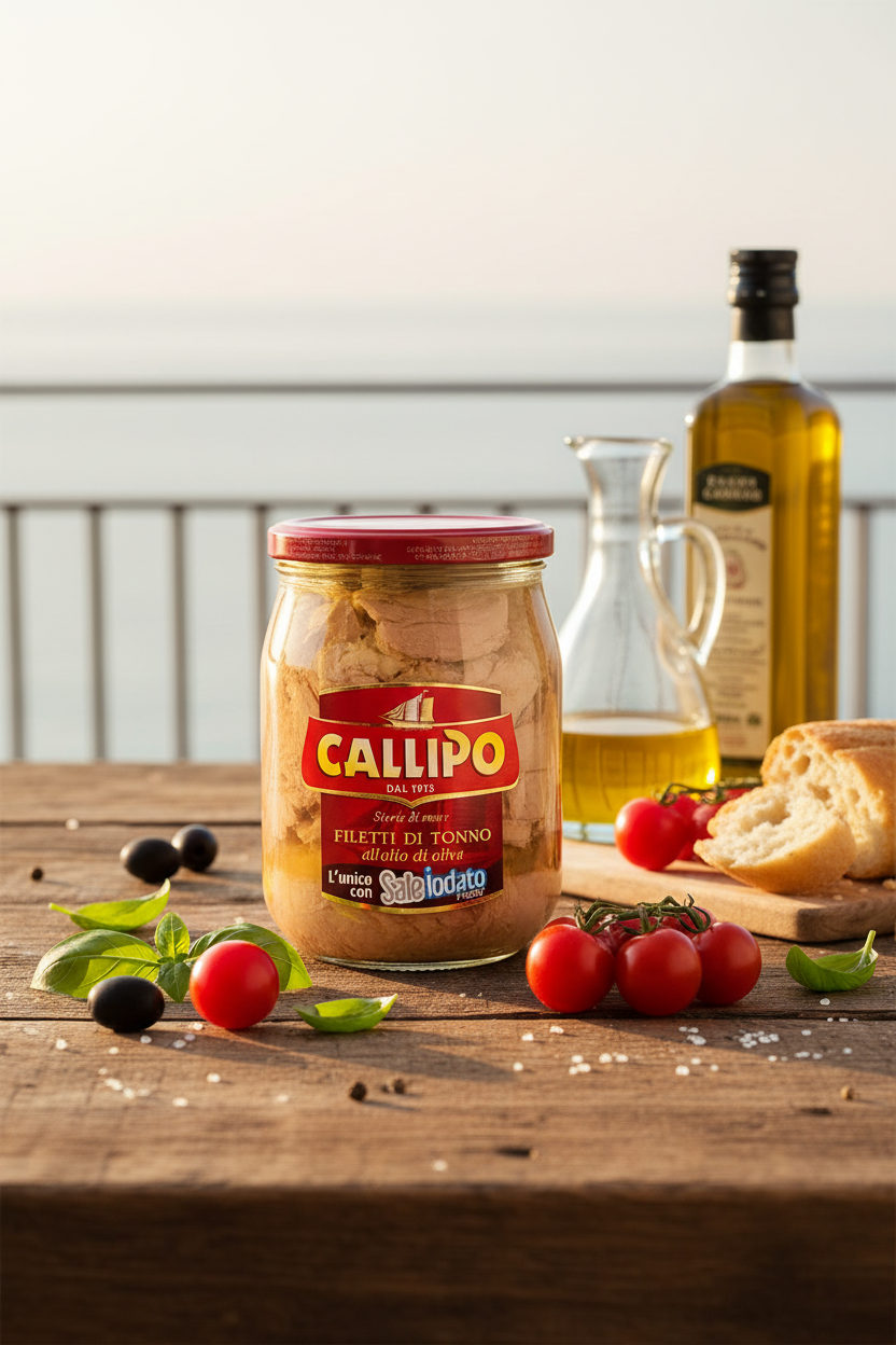 Callipo Filetti di Tonno in Olivenöl auf Holztisch mit Tomaten und Olivenöl – italienischer Premium Thunfisch, mediterrane Feinkost