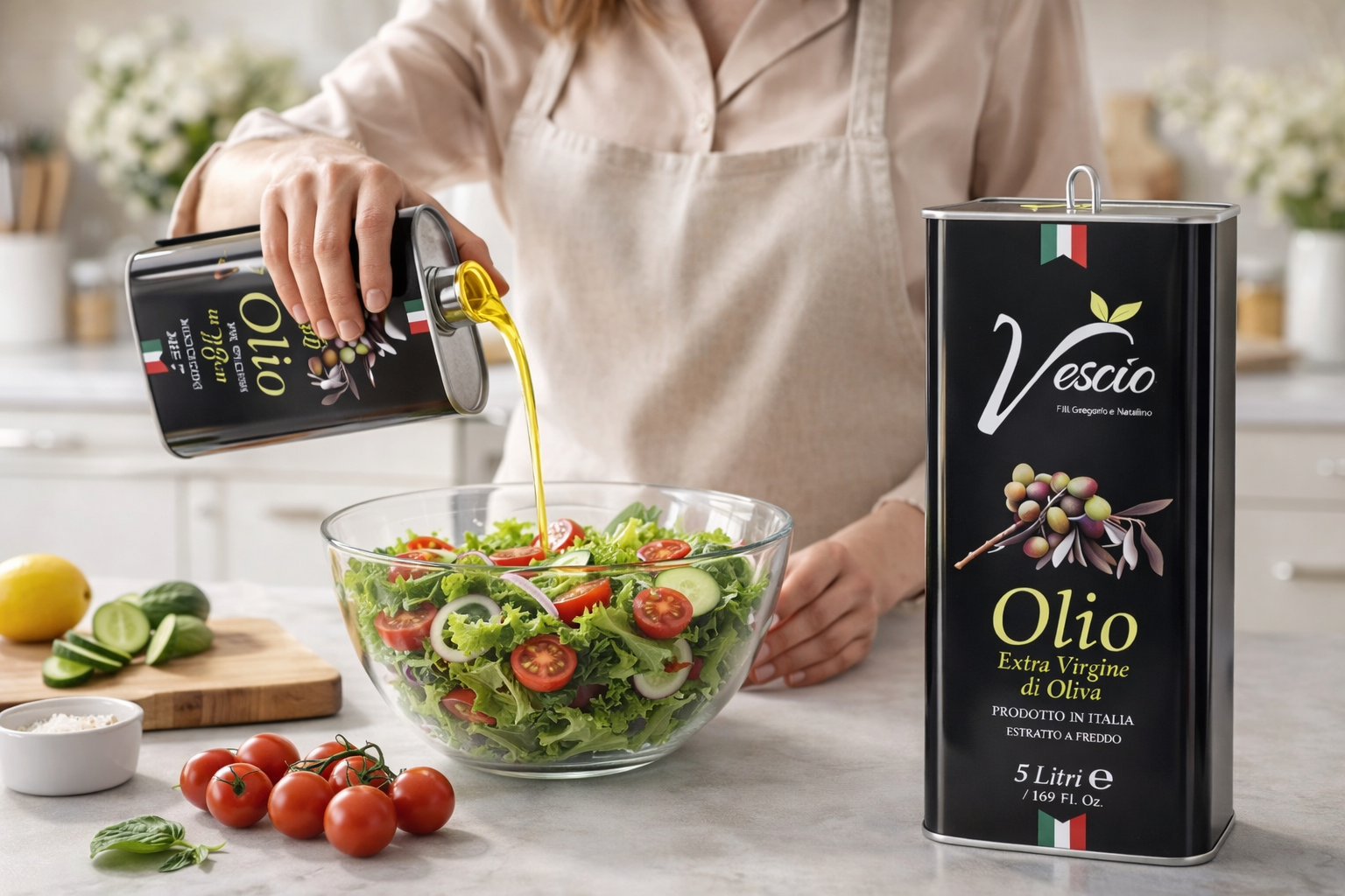 kaltgepresstes Olivenöl 5L Extra Vergine wird frisch über einen Salat gegossen in moderner Küche