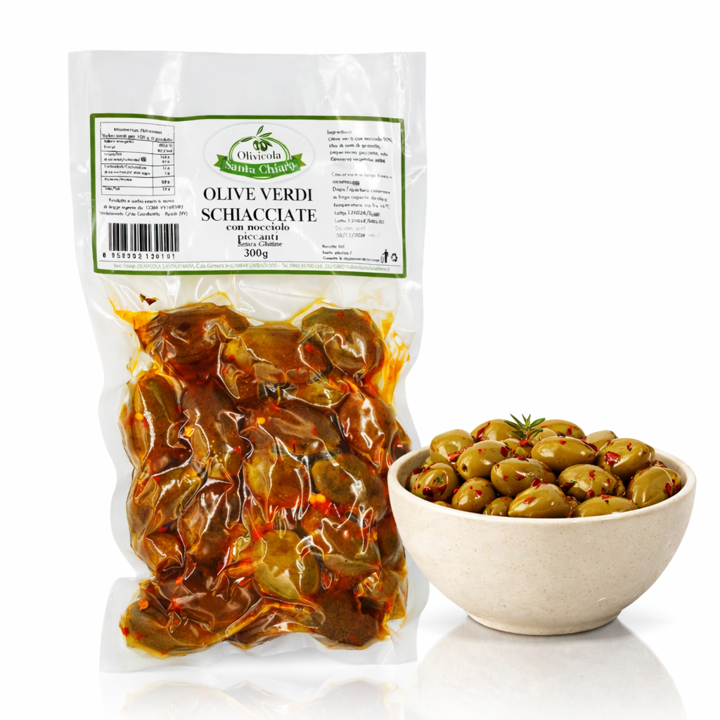 Olive Verdi Schiacciate Piccanti – Grüne Oliven mit Kern, 300g