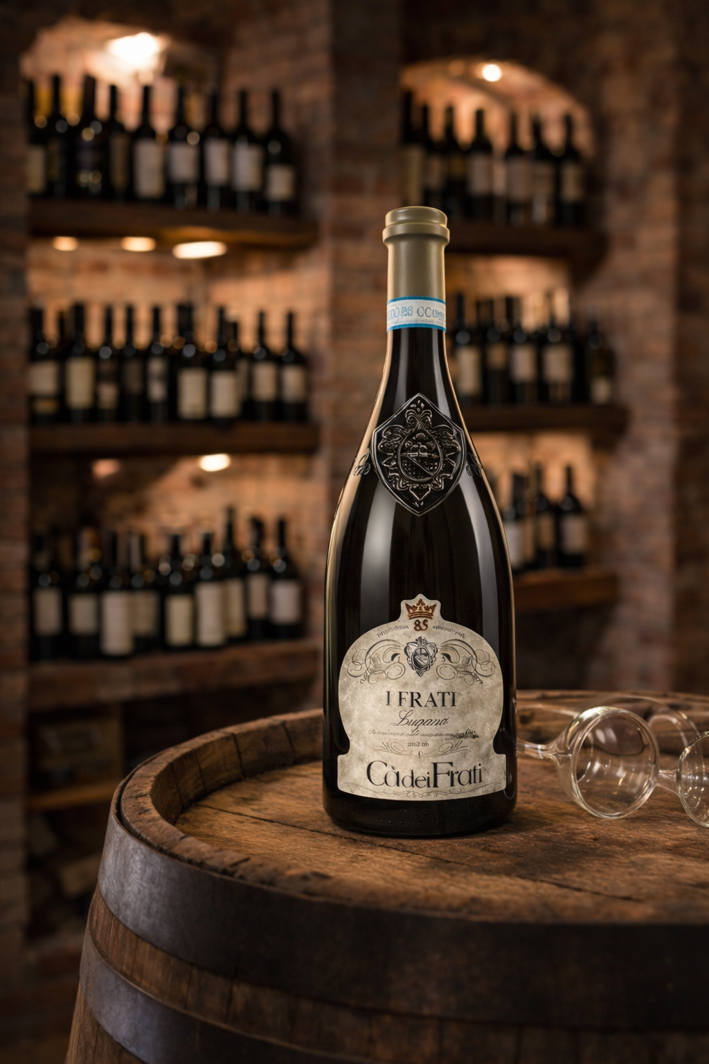 Lugana I Frati Weißwein von Cà dei Frati Flasche auf Weinfass in traditioneller italienischer Weinkellerei