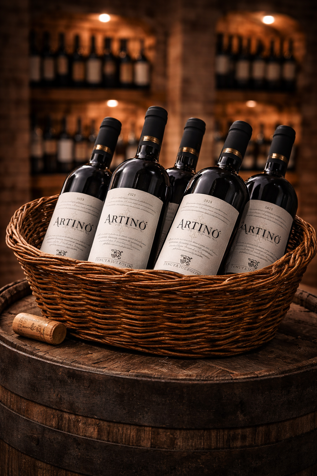 Artino Rotwein von Tenuta Iuzzolini Flaschen im rustikalen Korb in traditioneller italienischer Weinkellerei