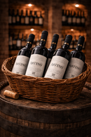 Artino Rotwein von Tenuta Iuzzolini Flaschen im rustikalen Korb in traditioneller italienischer Weinkellerei