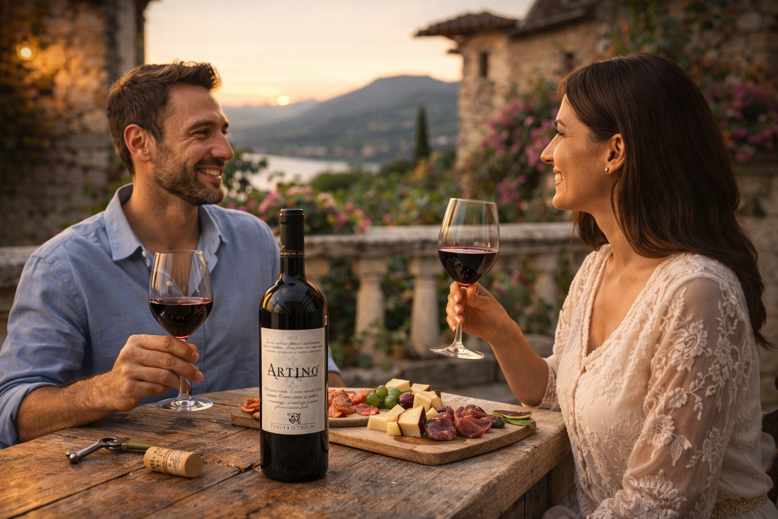 Artino Rotwein von Tenuta Iuzzolini aus Kalabrien bei romantischem Abendessen mit Käse und italienischen Spezialitäten