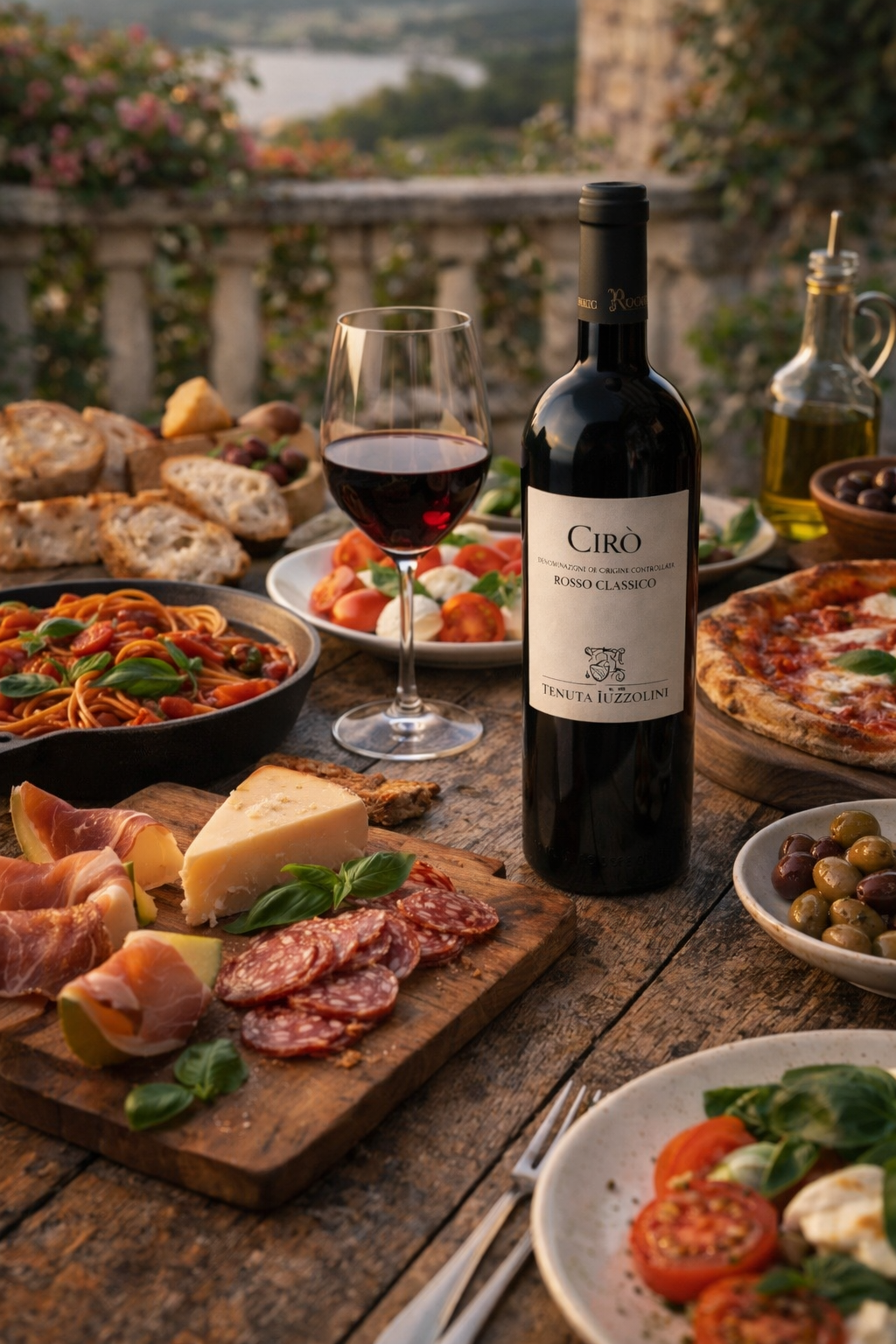 Cirò Rosso Classico Rotwein von Tenuta Iuzzolini mit italienischen Spezialitäten wie Pasta, Käse und Pizza auf rustikalem Tisch