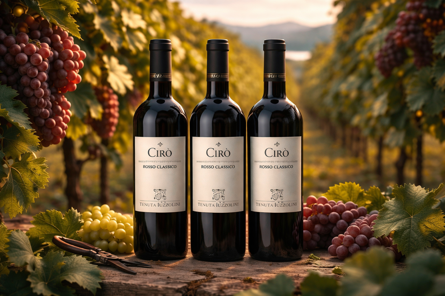 Cirò Rosso Classico Rotwein von Tenuta Iuzzolini drei Flaschen im Weinberg von Kalabrien zwischen reifen Trauben