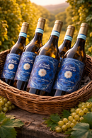 Teudo Arancio Pinot Grigio Sicilia DOC Weißwein Flaschen im Korb im sonnigen italienischen Weinberg