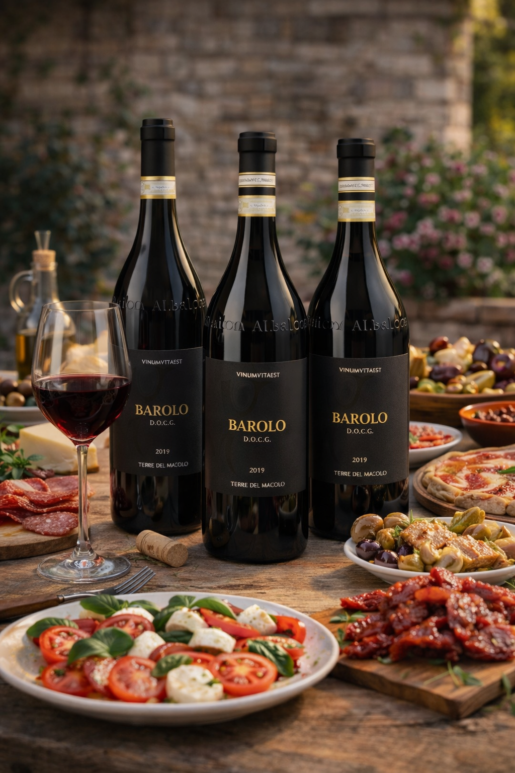 Barolo DOCG Rotwein aus dem Piemont mit italienischen Antipasti, Käse und Salami auf rustikalem Tisch