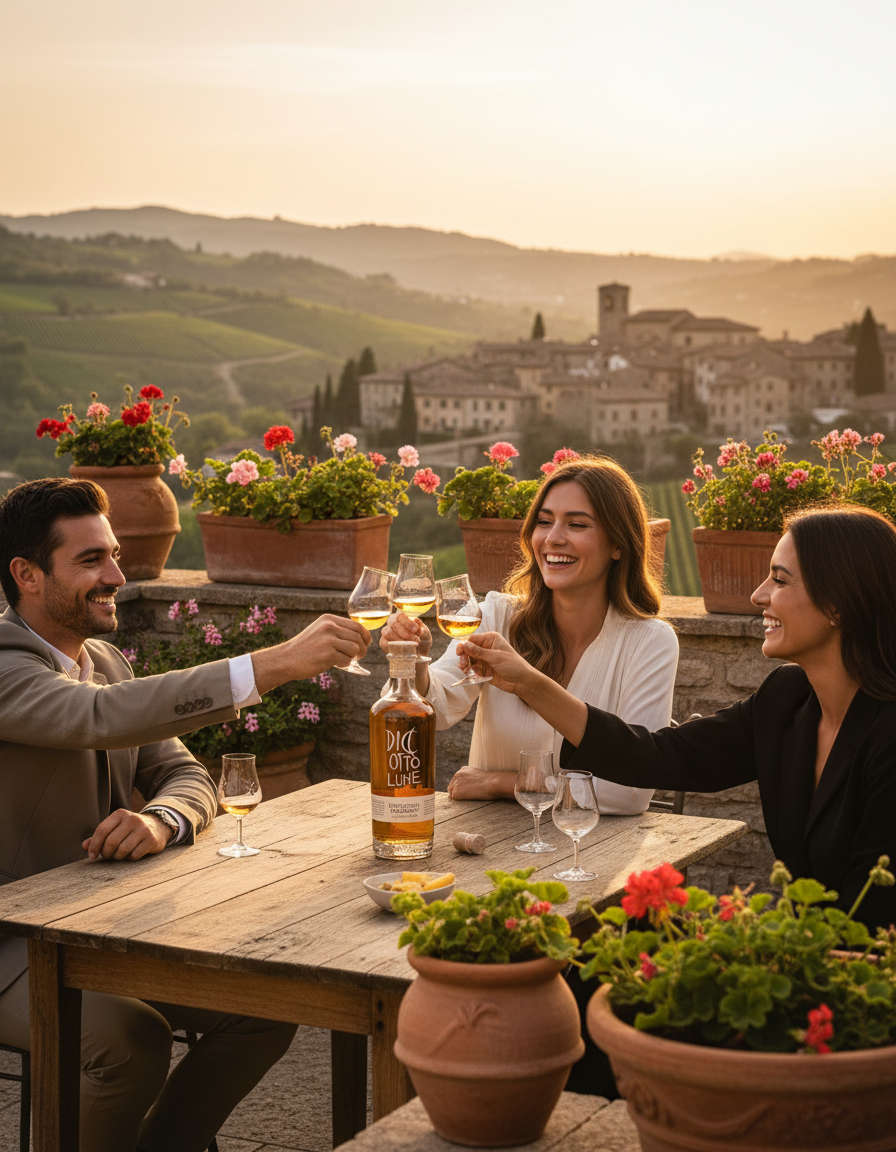Freunde genießen italienische Grappa auf einer Terrasse in der Toskana – authentischer italienischer Genussmoment