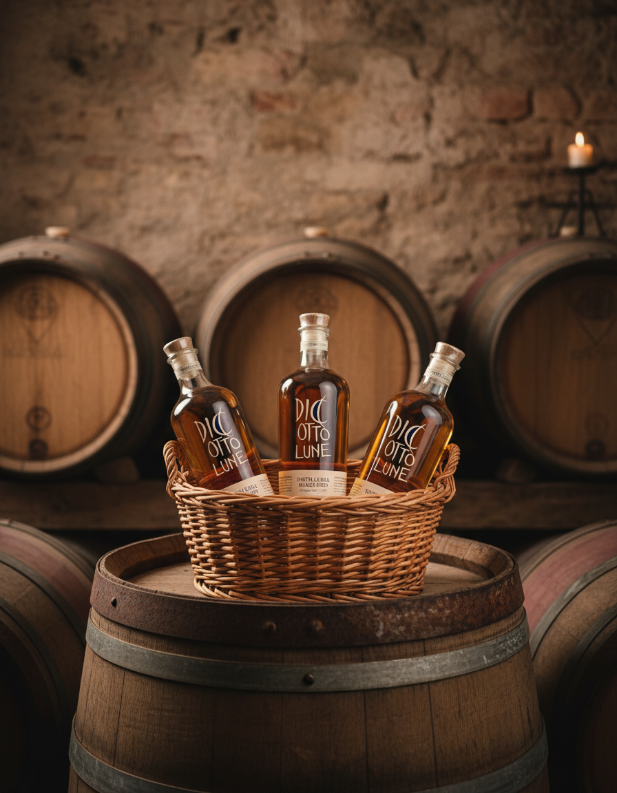 Premium Grappa in einer traditionellen italienischen Weinkellerei – edler italienischer Tresterbrand aus Holzfasslagerung