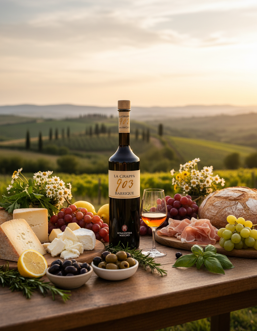 La Grappa 903 Barrique mit italienischen Spezialitäten wie Käse, Trauben und Prosciutto in einer toskanischen Landschaft