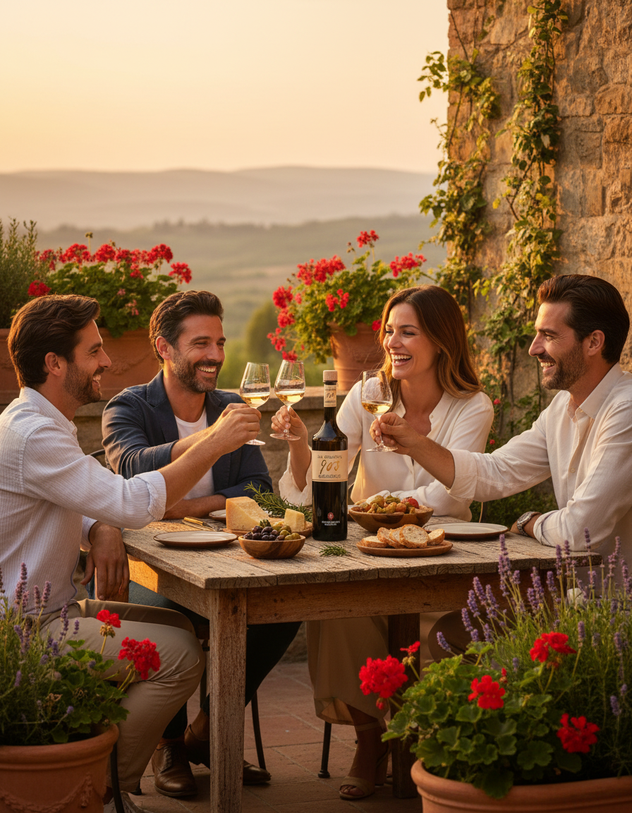 Freunde genießen La Grappa 903 Barrique bei Sonnenuntergang auf einer italienischen Terrasse mit mediterranen Spezialitäten