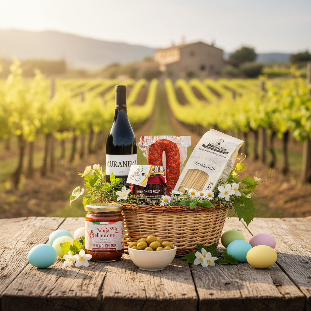 Italienischer Oster Geschenkkorb mit Rotwein, Pasta, Salami und Oliven in einer Weinberg Landschaft