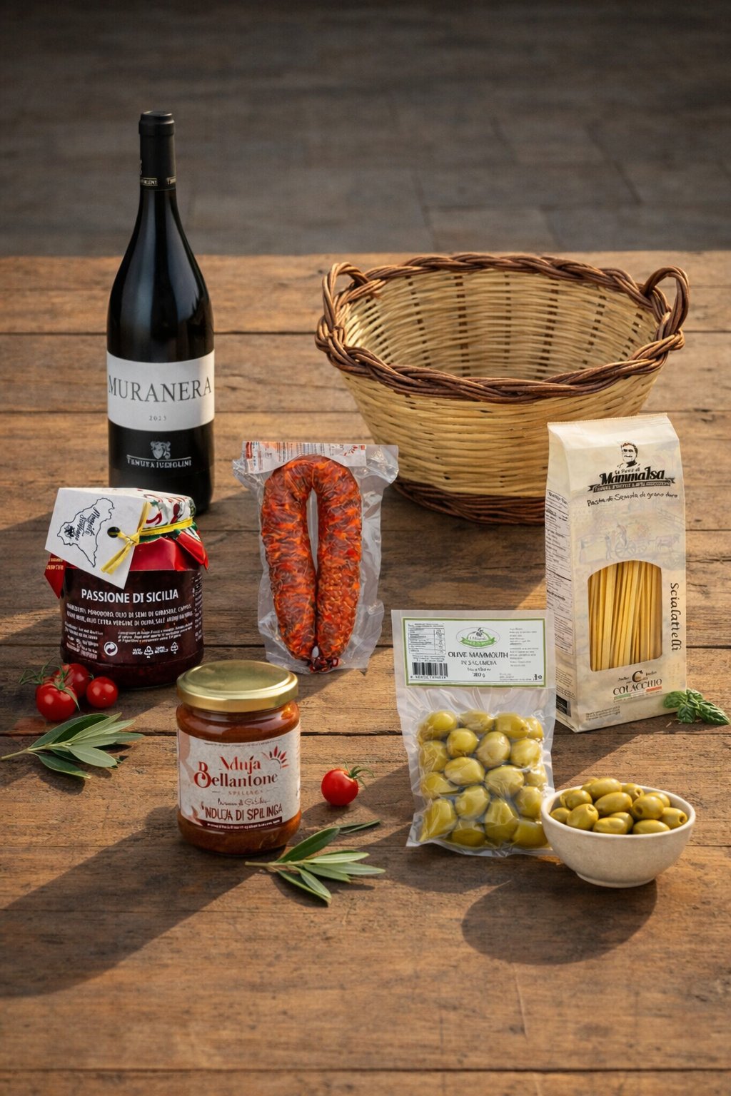 Italienischer Oster Geschenkkorb mit Rotwein Muranera, Pasta, Salami, Oliven und mediterranen Spezialitäten