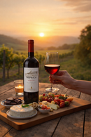 Nèprica Primitivo Rotwein aus Apulien bei Sonnenuntergang – italienischer Premium Rotwein perfekt zu Käse und Antipasti.