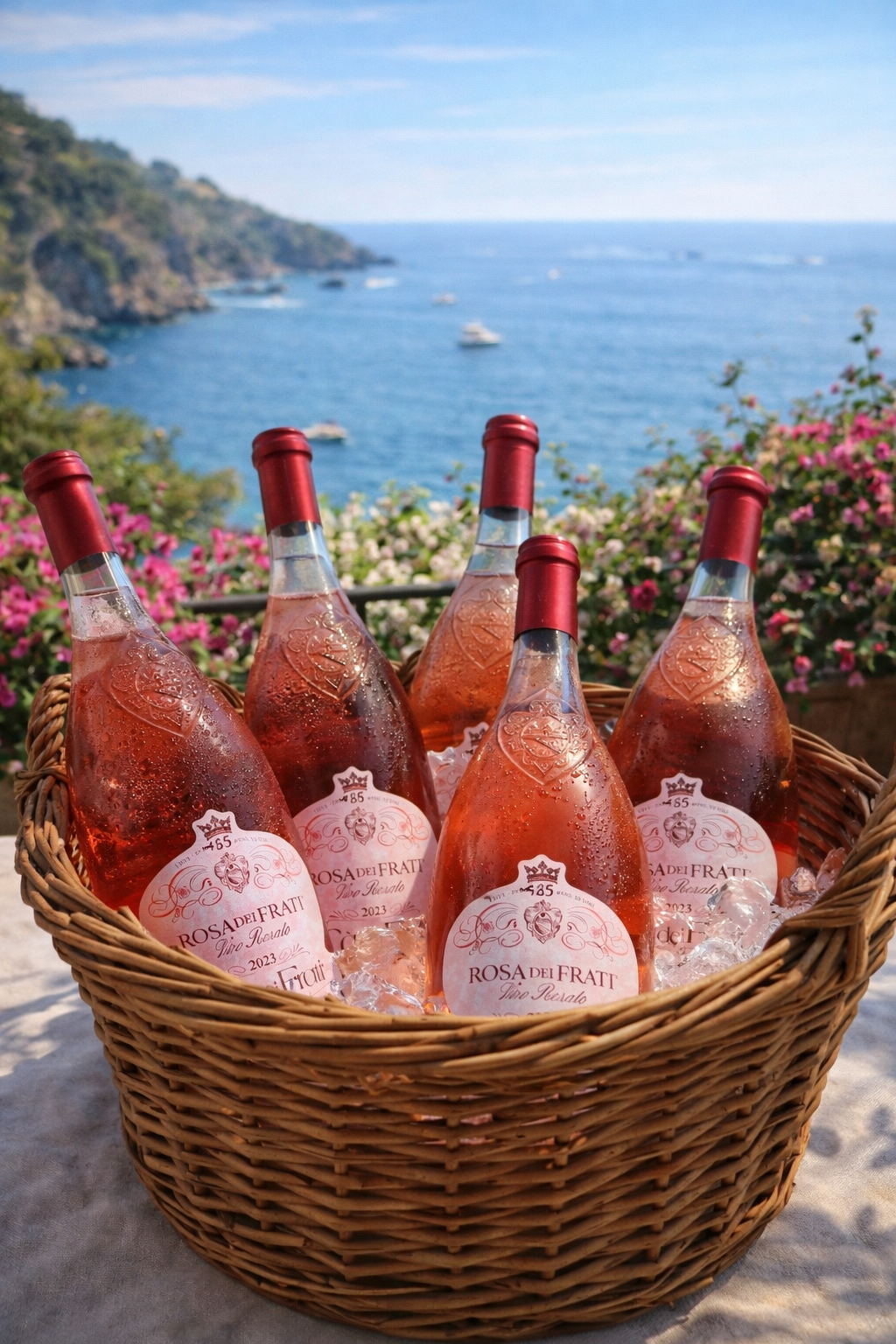 Rosa dei Frati Rosé Ca’ dei Frati im Korb mit Eis – eleganter italienischer Roséwein ideal für Sommer und Aperitif.